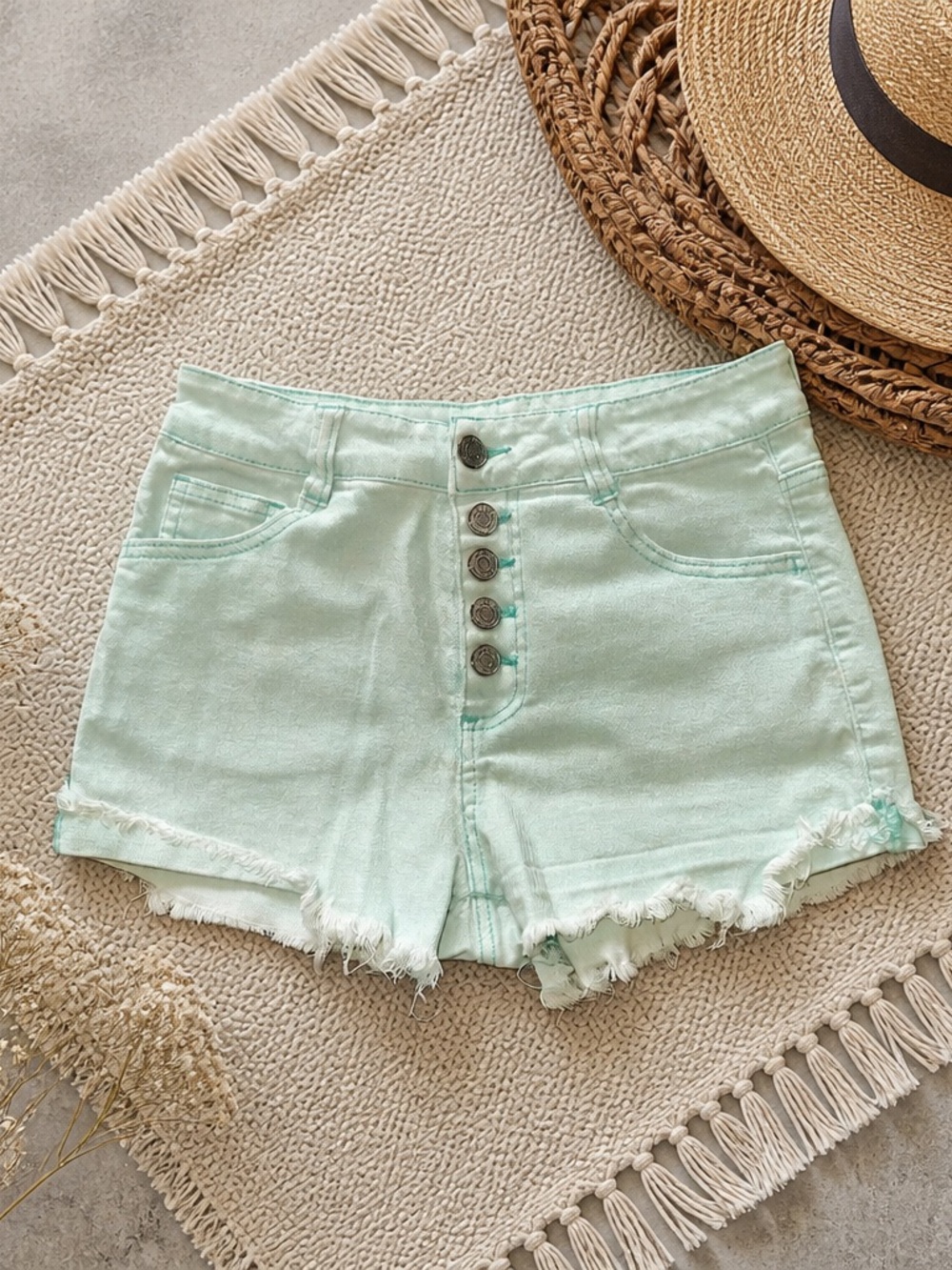 refuge Mint Green High-Rise Button-Front Denim Shorts